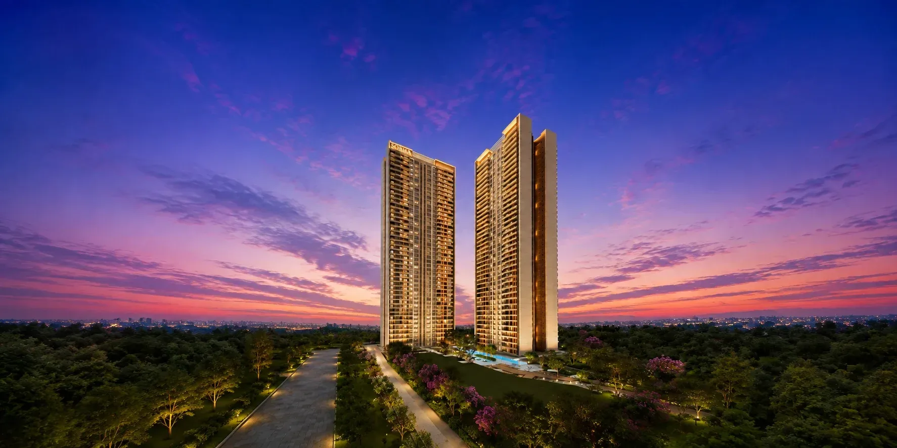 Sobha Crescent towers at dusk